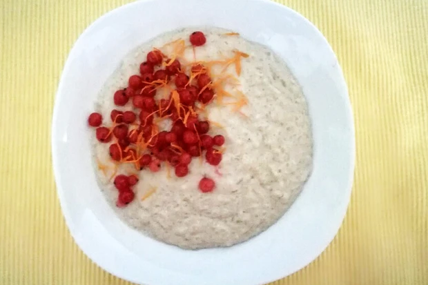 Milchreis mit Sojamilch und roten Ribiseln