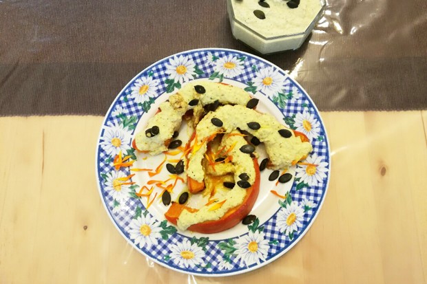 Hokkaido mit Gemüsepüree überbacken