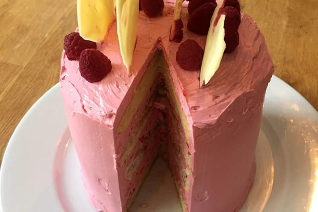Biskuittorte mit Himbeerbuttercreme und Schokoplatten