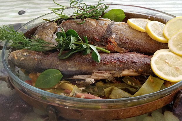 Forelle mit Kartoffeln und grünen Bohnen