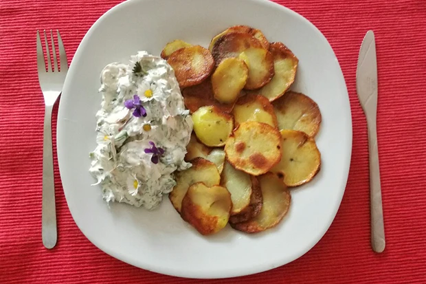 Knusprige Kartoffelscheiben mit Fr&uuml;hlingssalat