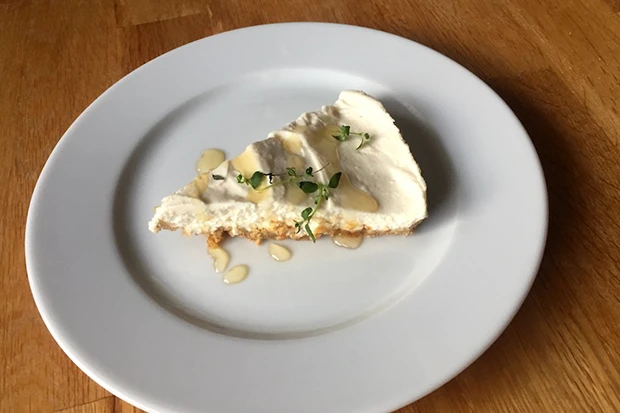 Fr&uuml;hlingscheesecake mit wei&szlig;er Schokolade, Honig und Kr&auml;utern