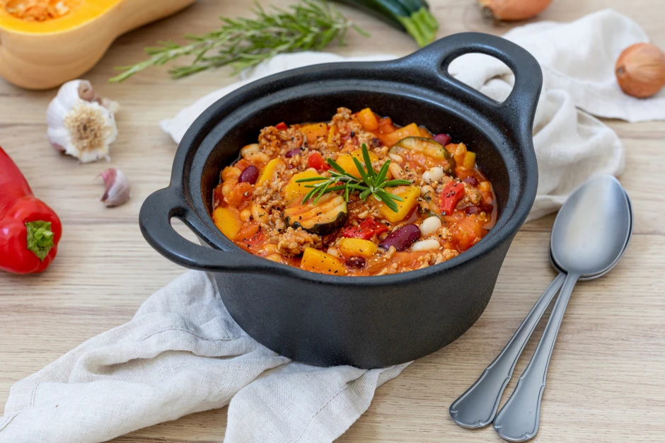 K&uuml;rbis-Bohnen-Eintopf mit Faschiertem