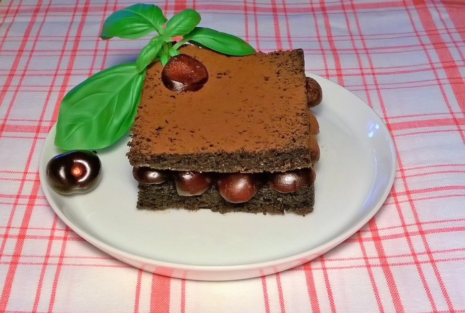 Schokoladenbiskuit vegan, mit Basilikum und Kirschen