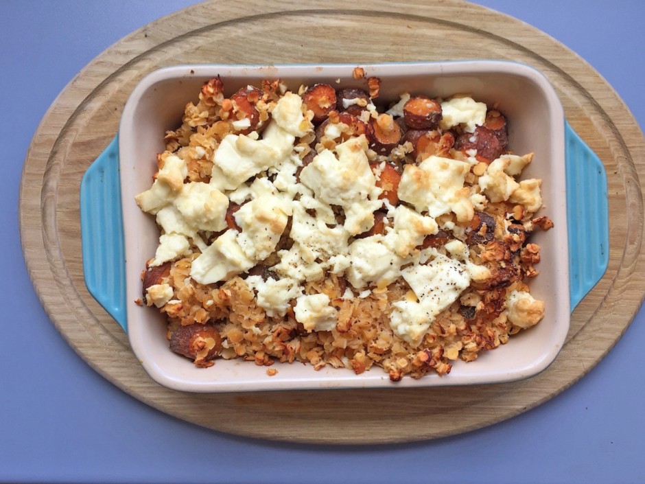 Auflauf mit Karotten, Linsen und Feta