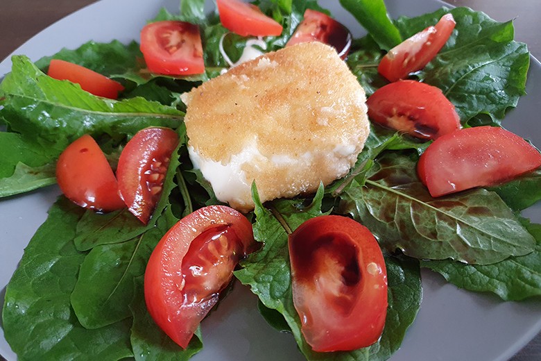 Gebackener Mozzarella auf Löwenzahnsalat