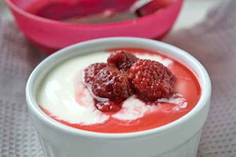 Selbstgemachter Vanille-Karamellpudding mit Himbeerkompott