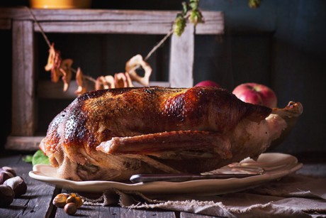 Gebratene Gans mit Äpfeln und Zwiebeln