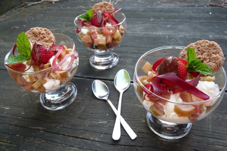 Schokoladengetunkte Erdbeeren auf Vanilleeis mit Rhabarber-Pickles und Kakao-Biskuittaler