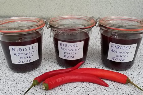 Ribiselmarmelade mit Rotwein und Chili