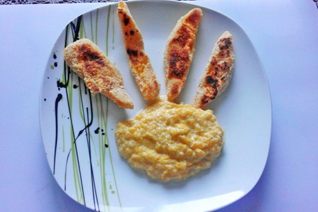 Panierter Kürbis mit Kürbisragout
