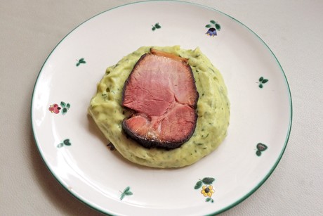 Kartoffelpüree mit Bärlauch und Bauerngeselchtes