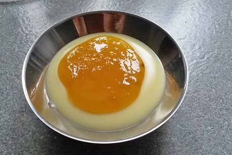 Mangopüree auf Vanillepudding