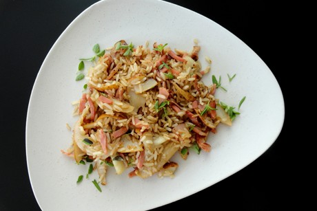 Gebratener Birnenreis mit Speck