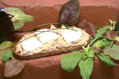 Röstbrot mit Baba Ganoush und Feta auf Blattsalat