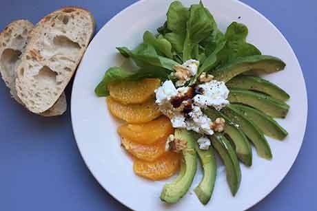 Junger Blattsalat mit Orangenfilets, Ziegenfrischkäse und Avocado