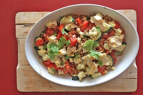 Einkorn mit Tomaten, Zucchini und Feta überbacken