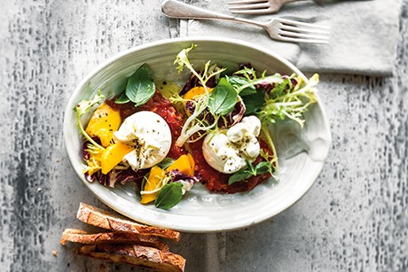 Burrata mit geschmolzenen Tomaten und Mango-Radicchio-Salat