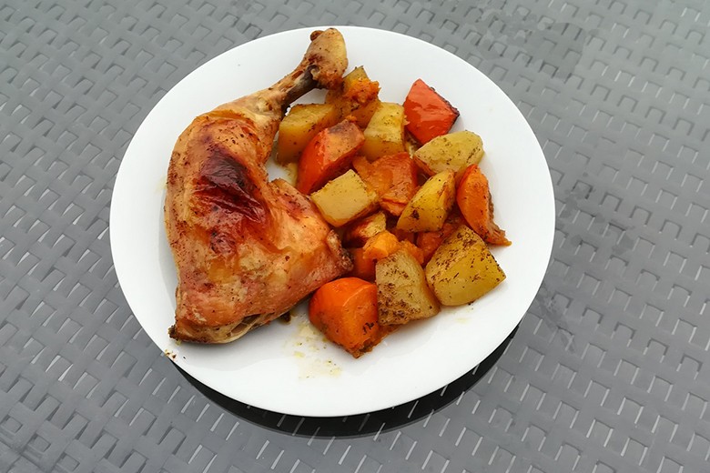 Hühnerschenkel mit Kürbis-Kartoffel
