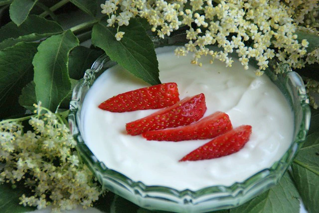 Holunderbl&uuml;tenbuttermilchkaltschale mit Erdbeeren